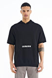 Siyah Kanguru Cepli Yazı Nakışlı Kapüşonlu Erkek T-Shirt - 88195 | M