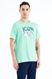 Su Yeşili Yazı Baskılı O Yaka Standart Kalıp Erkek T-Shirt - 88174 | S
