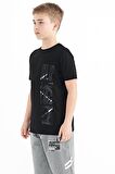 Siyah Baskı Detaylı O Yaka Standart Kalıp Erkek Çocuk T-Shirt - 11104 | 11-12