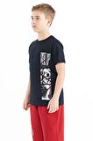 Lacivert Baskı Detaylı O Yaka Standart Kalıp Erkek Çocuk T-Shirt - 11104 | 9-10