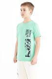 Su Yeşili Baskı Detaylı O Yaka Standart Kalıp Erkek Çocuk T-Shirt - 11104 | 12-13