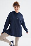 İndigo Reglan Kol Basic Kapüşonlu Oversize Tunik - 97242