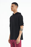 Siyah Kapüşonlu Kol Etiket Detaylı Oversize Erkek T-shirt - 88179 | S