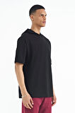 Siyah Kapüşonlu Kol Etiket Detaylı Oversize Erkek T-shirt - 88179 | S