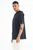 Lacivert Kapüşonlu Kol Etiket Detaylı Oversize Erkek T-shirt - 88179 | M