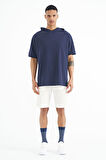 İndigo Kapüşonlu Kol Etiket Detaylı Oversize Erkek T-shirt - 88179 | L