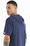 İndigo Kapüşonlu Kol Etiket Detaylı Oversize Erkek T-shirt - 88179 | L