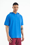 Saks Kapüşonlu Kol Etiket Detaylı Oversize Erkek T-shirt - 88179 | S