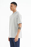 Gri Melanj Kapüşonlu Kol Etiket Detaylı Oversize Erkek T-shirt - 88179 | M