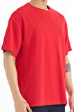 Kırmızı Kol Arma Detaylı Basic Oversize Erkek T-Shirt - 88193 | M