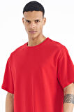Kırmızı Kol Arma Detaylı Basic Oversize Erkek T-Shirt - 88193 | M