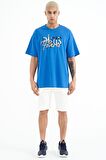 Saks Yazı Nakışlı O Yaka Oversize Erkek T-Shirt - 88223 | XL