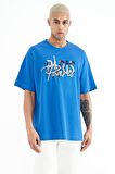 Saks Yazı Nakışlı O Yaka Oversize Erkek T-Shirt - 88223 | XL