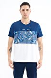İndigo Renk Geçişli Baskı Detaylı O Yaka Standart Kalıp Erkek T-Shirt - 88177 | XL