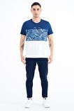 İndigo Renk Geçişli Baskı Detaylı O Yaka Standart Kalıp Erkek T-Shirt - 88177 | XL