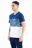 İndigo Renk Geçişli Baskı Detaylı O Yaka Standart Kalıp Erkek T-Shirt - 88177 | XL