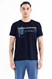 Lacivert Yazı Desen Baskılı O Yaka Standart Kalıp Erkek T-Shirt - 88183 | XXL