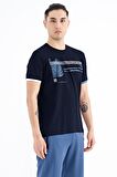 Lacivert Yazı Desen Baskılı O Yaka Standart Kalıp Erkek T-Shirt - 88183 | XXL
