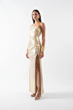 Pailhas İnce Tek Askılı Beli Açık Uzun Abiye Elbise GOLD