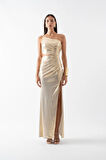 Pailhas İnce Tek Askılı Beli Açık Uzun Abiye Elbise GOLD