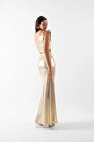 Pailhas İnce Tek Askılı Beli Açık Uzun Abiye Elbise GOLD