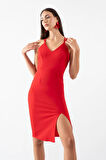 Berridge V Yaka Sırtı Çapraz Kısa Abiye Elbise KIRMIZI