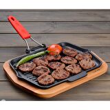 Lava Döküm Izgara Tava, Tel ve Silikon Saplı. Ölçü 21x30cm Kırmızı