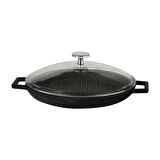 Lava Döküm Yuvarlak Izgara Tava, Metal Kulplu, Cam kapaklı. Çap(Ø)26cm.