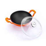 Lava Döküm Wok Tava Metal Kulplu Cam Kapaklı Çap(Ø)16cm. Turuncu