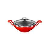 Lava Döküm Wok Tava Metal Kulplu Cam Kapaklı Çap(Ø)16cm. Kırmızı