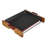 Lava Döküm Dikdörtgen Izgara Tavası Kayın Servis Ahşabı Döküm Demir Yekpare Çift Kulplu Ölçü 26x32cm.