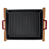 Lava Döküm Dikdörtgen Izgara Tavası Kayın Servis Ahşabı Döküm Demir Yekpare Çift Kulplu Ölçü 26x32cm.