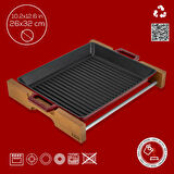 Lava Döküm Dikdörtgen Izgara Tavası Kayın Servis Ahşabı Döküm Demir Yekpare Çift Kulplu Ölçü 26x32cm.