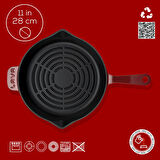 Lava Döküm Yuvarlak Izgara Tava Döküm Demir Yekpare Saplı Radyal Dokulu İç Yüzey Çap(Ø)28cm.-Bordo