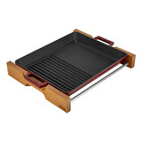 Lava Döküm Dikdörtgen Hibrit Izgara Tavası Kayın Servis Ahşabı Döküm Demir Yekpare Çift Kulplu Ölçü 26x32cm.-Bordo