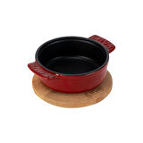 Lava Döküm Yuvarlak Güveç Kabı Döküm Demir Yekpare Çift Kulplu Kayın Servis Ahşabı Çap(Ø)11cm.-Bordo