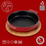 Lava Döküm Yuvarlak Güveç Kabı Döküm Demir Yekpare Çift Kulplu Kayın Servis Ahşabı Çap(Ø)17cm.-Bordo