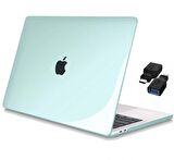 Apple 13" Macbook Air M2 A2681 Kristal Yeşil Kılıf Koruyucu Kapak + Usb Çevirici