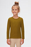 Zeytin Yeşili Basic Mevsimlik Likralı Uzun Kollu Kız Çocuk Tişört