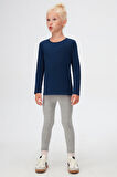 Açık Lacivert Basic Mevsimlik Likralı Uzun Kollu Kız Çocuk Tişört