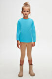 Okyanus Mavi Kız Çocuk Düz Basıc Likralı Uzun Kol Tişört