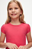 Fuşya Basic Kız Çocuk Sıfır Yaka Karpuz Kol Tişört