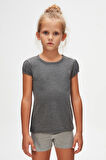 Koyu Gri Basic Kız Çocuk Sıfır Yaka Karpuz Kol Tişört
