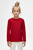 Kırmızı Basic Unisex Çocuk Mevsimlik Sıfır Yaka Uzun Kollu Tişört