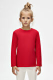 Açık Kırmızı Basic Unisex Çocuk Mevsimlik Sıfır Yaka Uzun Kollu Tişört