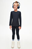 Koyu Lacivert Basic Unisex Çocuk Mevsimlik Sıfır Yaka Uzun Kollu Tişört