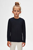 Koyu Lacivert Basic Unisex Çocuk Mevsimlik Sıfır Yaka Uzun Kollu Tişört