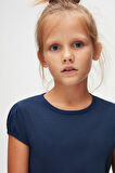 Açık Lacivert Basic Kız Çocuk Sıfır Yaka Karpuz Kol Tişört