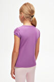Açık Mor Basic Kız Çocuk Sıfır Yaka Karpuz Kol Tişört