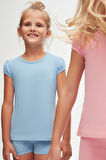 Koyu Mavi Basic Kız Çocuk Sıfır Yaka Karpuz Kol Tişört